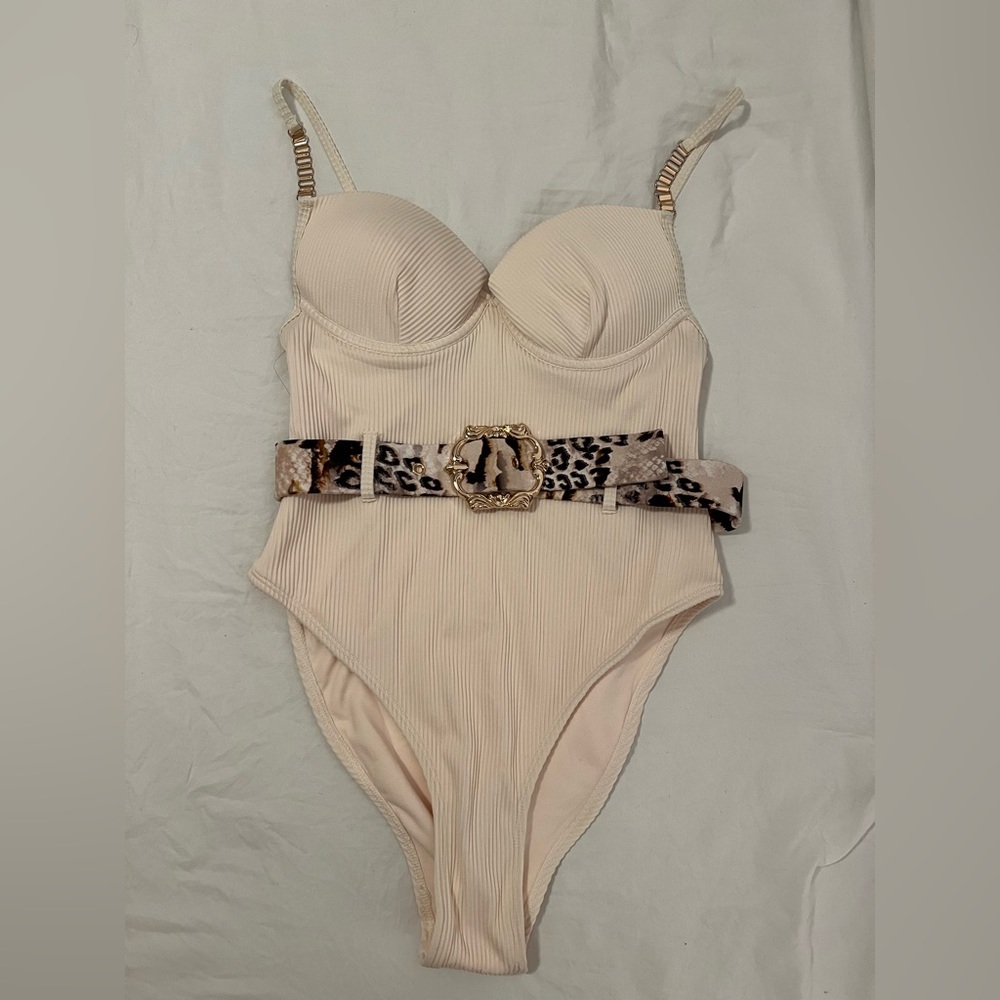 River Island Cream One-Piece Swimsuit with Leopard Belt